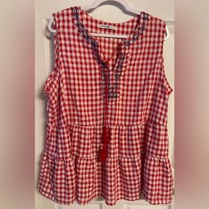 Gingham Tiered Sleeveless Top with Embroidered neckline